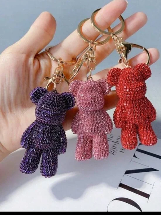 Beaded Teddy Bear Keychain available in Purple, Pink, Red - Picture 1 of 6